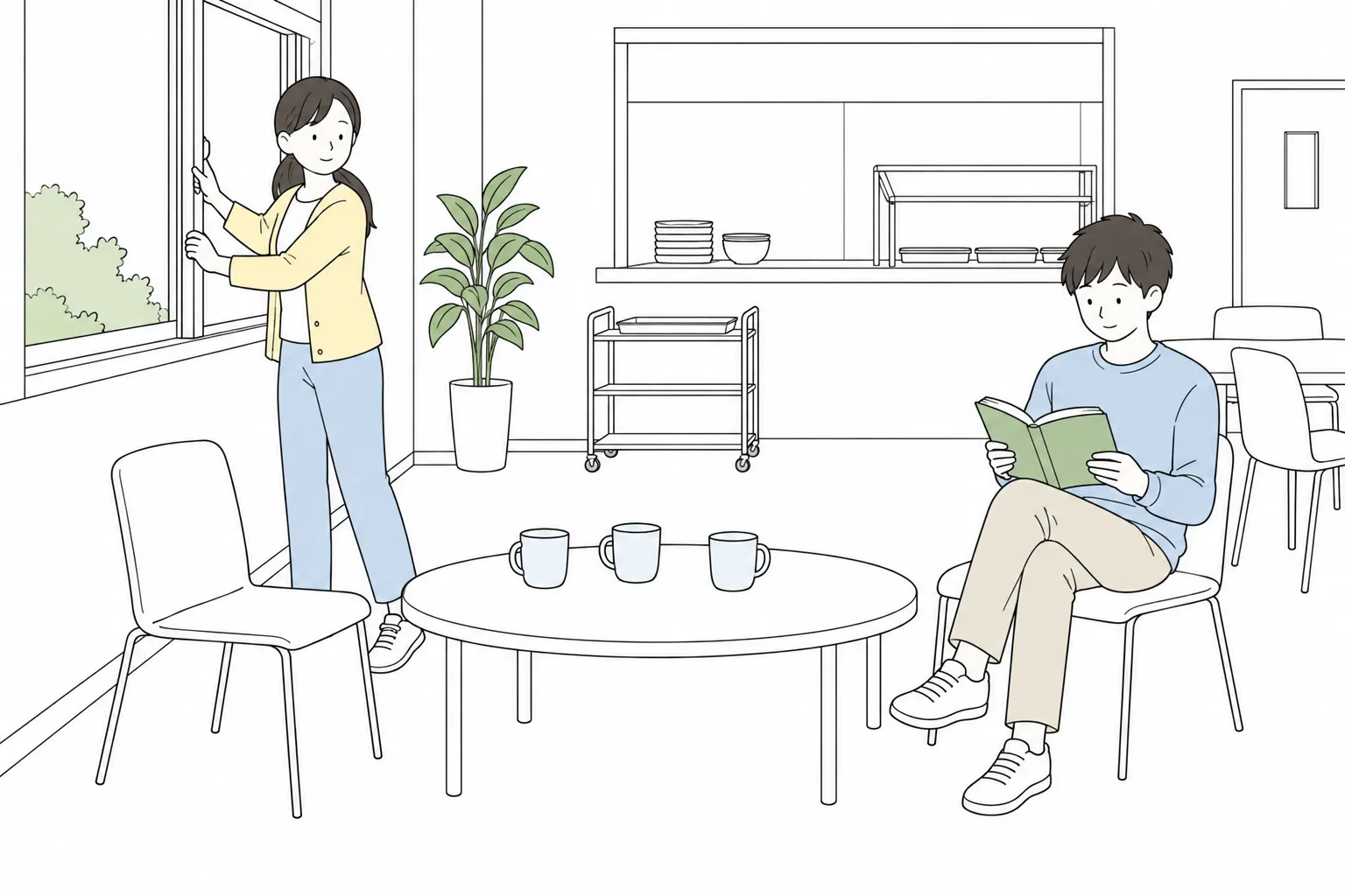 A Japanese school lunch room. One girl with a yellow cardigan is opening a window. A boy reads on a chair. Exactly three empty cups are on a low table. No other cups.