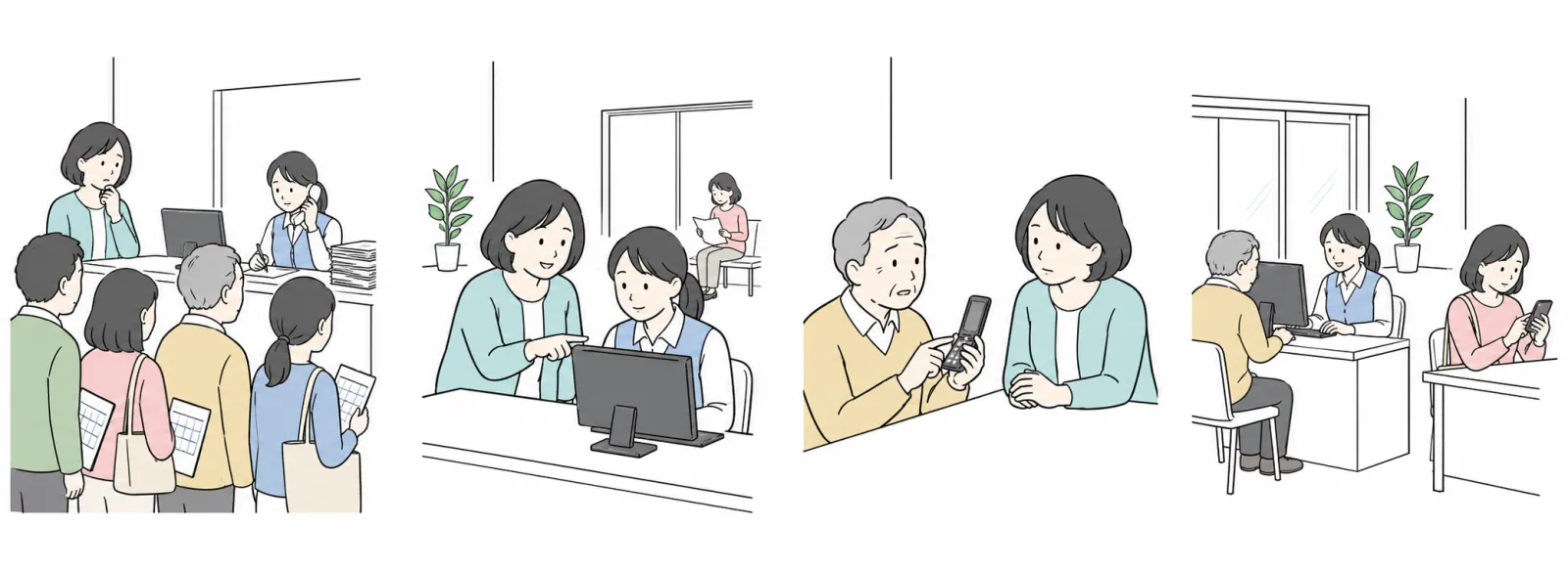 One day, a community hall manager named Ms. Tanaka noticed a long line at the booking desk. The worker behind the desk was talking on the telephone. Several visitors were waiting with papers in their hands, and Ms. Tanaka looked concerned.