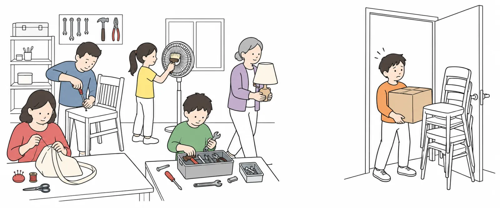Community repair workshop, Picture A: exactly five people with distinct clothes: a woman in red sewing a bag, a man in blue tightening a chair screw, a girl in yellow brushing dust from a fan, a boy in green sorting tools, an older woman in purple carrying a lamp. Picture B separate on the right: a boy in orange wants to carry a heavy box through a doorway but stacked chairs block the doorway; visibly concerned.