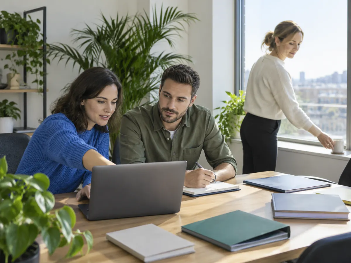 This looks like an office with three people around a table.
